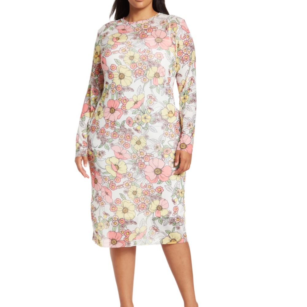 AFRM Floral Long Sleeve Mesh Midi Dress White Vintage Pink Yellow Flowers